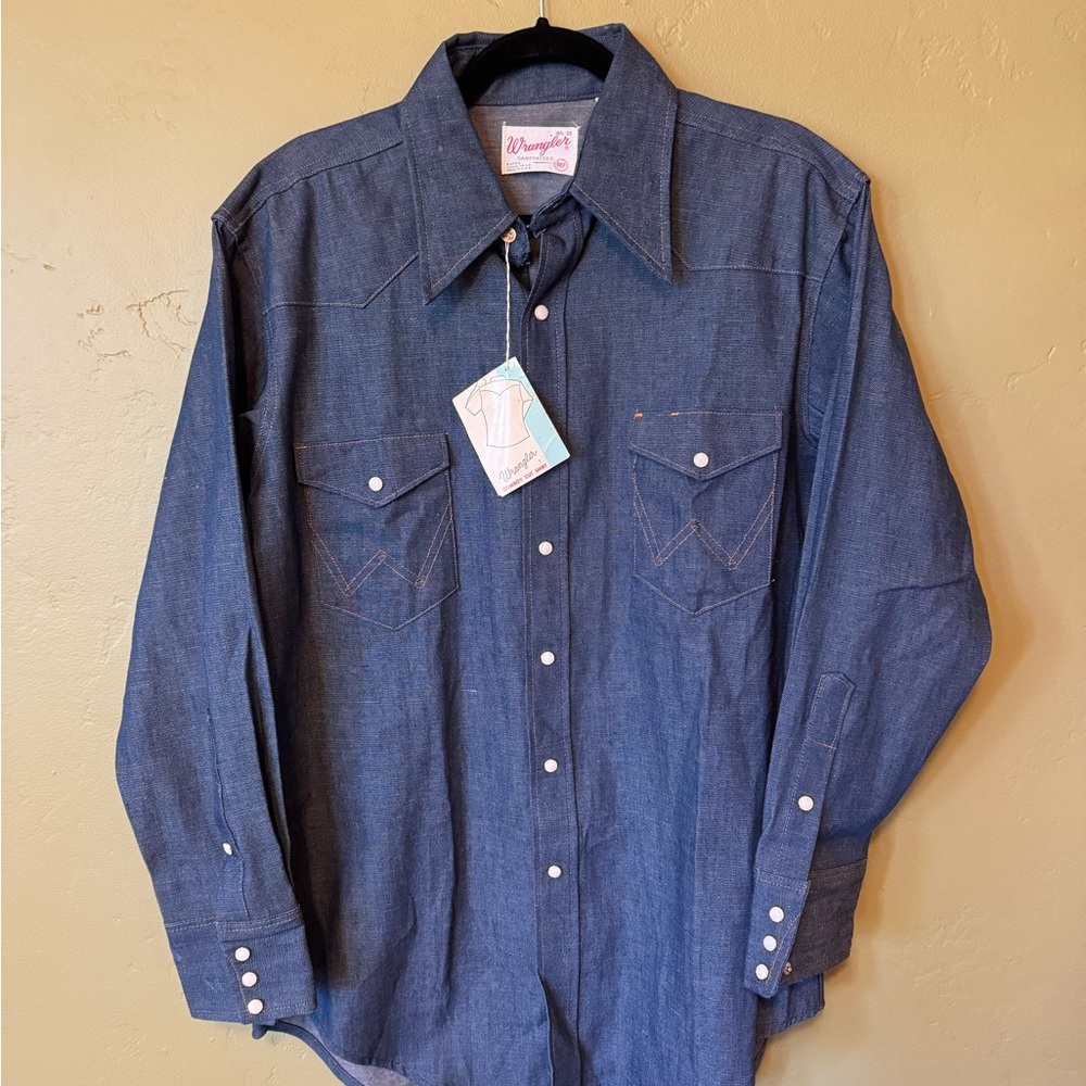 Vintage Wrangler NWT Cowboy Cut Denim Shirt 16.5-33 Deadstock 70s Western Rodeo